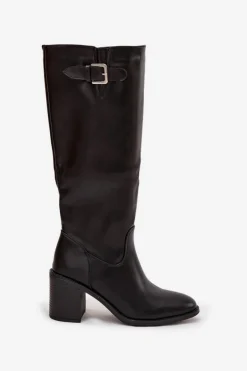 Damskie Boto Kozaki Damskie Na Słupku Z Klamrą Czarne Brenira