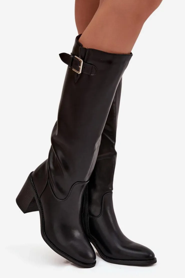 Damskie Boto Kozaki Damskie Na Słupku Z Klamrą Czarne Brenira