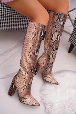 Online Boto Kozaki Damskie Na Słupku Zwierzęca Faktura Brązowe Brouny