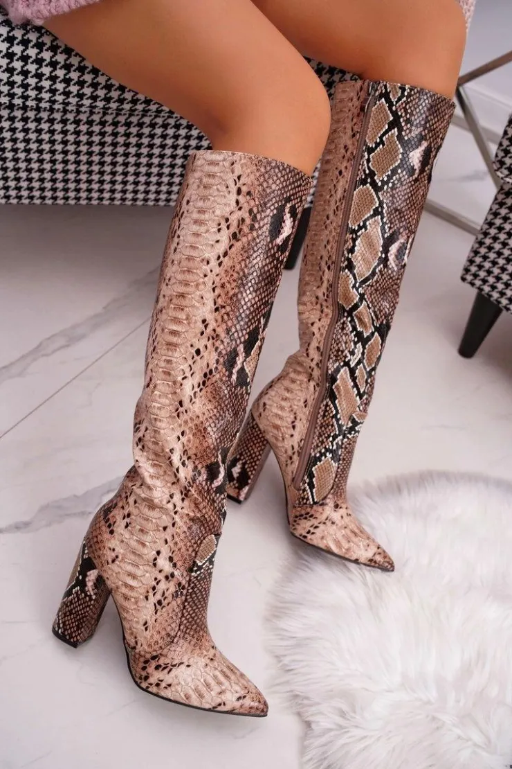 Online Boto Kozaki Damskie Na Słupku Zwierzęca Faktura Brązowe Brouny