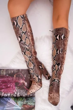 Online Boto Kozaki Damskie Na Słupku Zwierzęca Faktura Brązowe Brouny