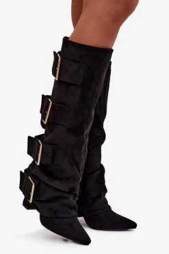 Damskie Boto Kozaki Damskie Na Słupku Z Wywiniętą Cholewką I Złotymi Klamrami Eko Zamszowe Czarne Isavelle