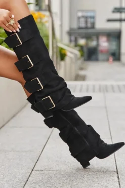 Damskie Boto Kozaki Damskie Na Słupku Z Wywiniętą Cholewką I Złotymi Klamrami Eko Zamszowe Czarne Isavelle