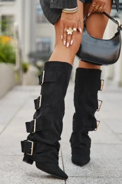 Damskie Boto Kozaki Damskie Na Słupku Z Wywiniętą Cholewką I Złotymi Klamrami Eko Zamszowe Czarne Isavelle