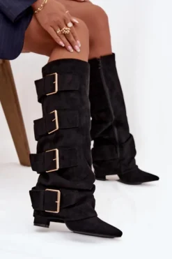 Damskie Boto Kozaki Damskie Na Słupku Z Wywiniętą Cholewką I Złotymi Klamrami Eko Zamszowe Czarne Isavelle