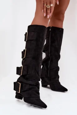 Damskie Boto Kozaki Damskie Na Słupku Z Wywiniętą Cholewką I Złotymi Klamrami Eko Zamszowe Czarne Isavelle