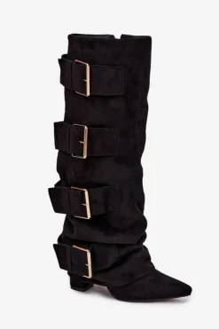 Damskie Boto Kozaki Damskie Na Słupku Z Wywiniętą Cholewką I Złotymi Klamrami Eko Zamszowe Czarne Isavelle