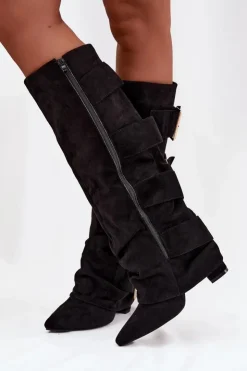 Damskie Boto Kozaki Damskie Na Słupku Z Wywiniętą Cholewką I Złotymi Klamrami Eko Zamszowe Czarne Isavelle