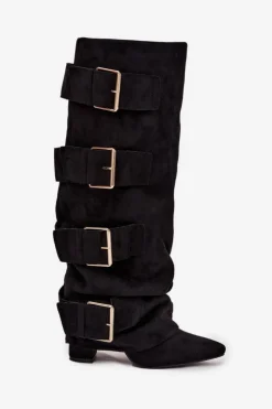 Damskie Boto Kozaki Damskie Na Słupku Z Wywiniętą Cholewką I Złotymi Klamrami Eko Zamszowe Czarne Isavelle