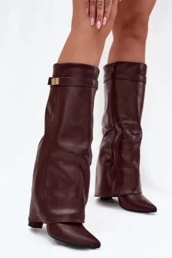 Damskie Boto Kozaki Damskie Na Słupku Z Wywiniętą Cholewką I Złotym Detalem Bordowe Diorna