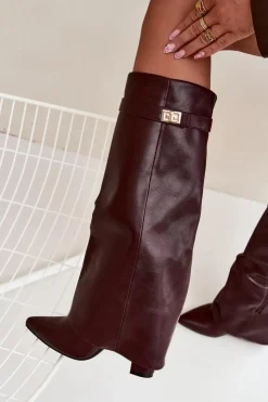 Damskie Boto Kozaki Damskie Na Słupku Z Wywiniętą Cholewką I Złotym Detalem Bordowe Diorna