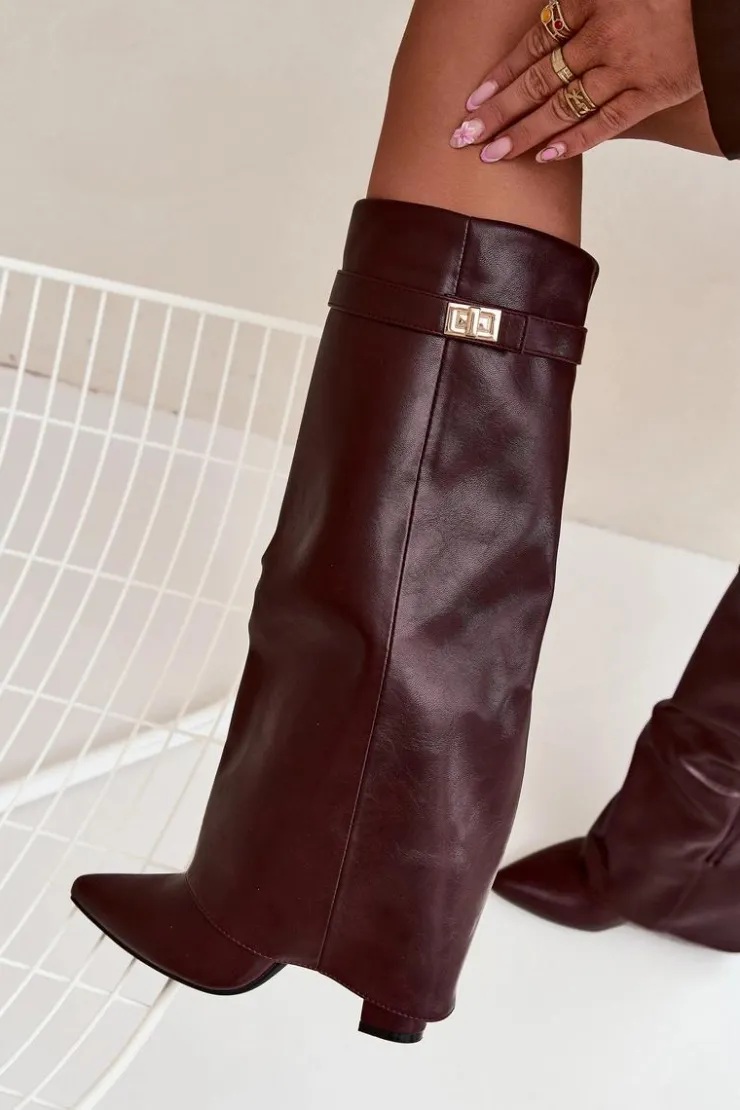 Damskie Boto Kozaki Damskie Na Słupku Z Wywiniętą Cholewką I Złotym Detalem Bordowe Diorna