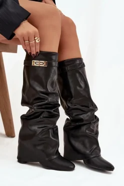 Boto Kozaki Ocieplane|Kozaki Na Słupku*Kozaki Damskie Na Słupku Z Marszczoną Wywiniętą Cholewką Czarne Glorine