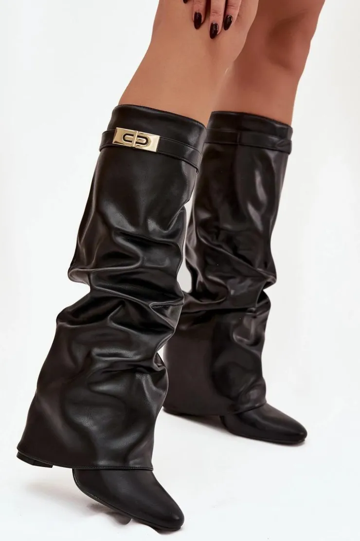 Boto Kozaki Ocieplane|Kozaki Na Słupku*Kozaki Damskie Na Słupku Z Marszczoną Wywiniętą Cholewką Czarne Glorine