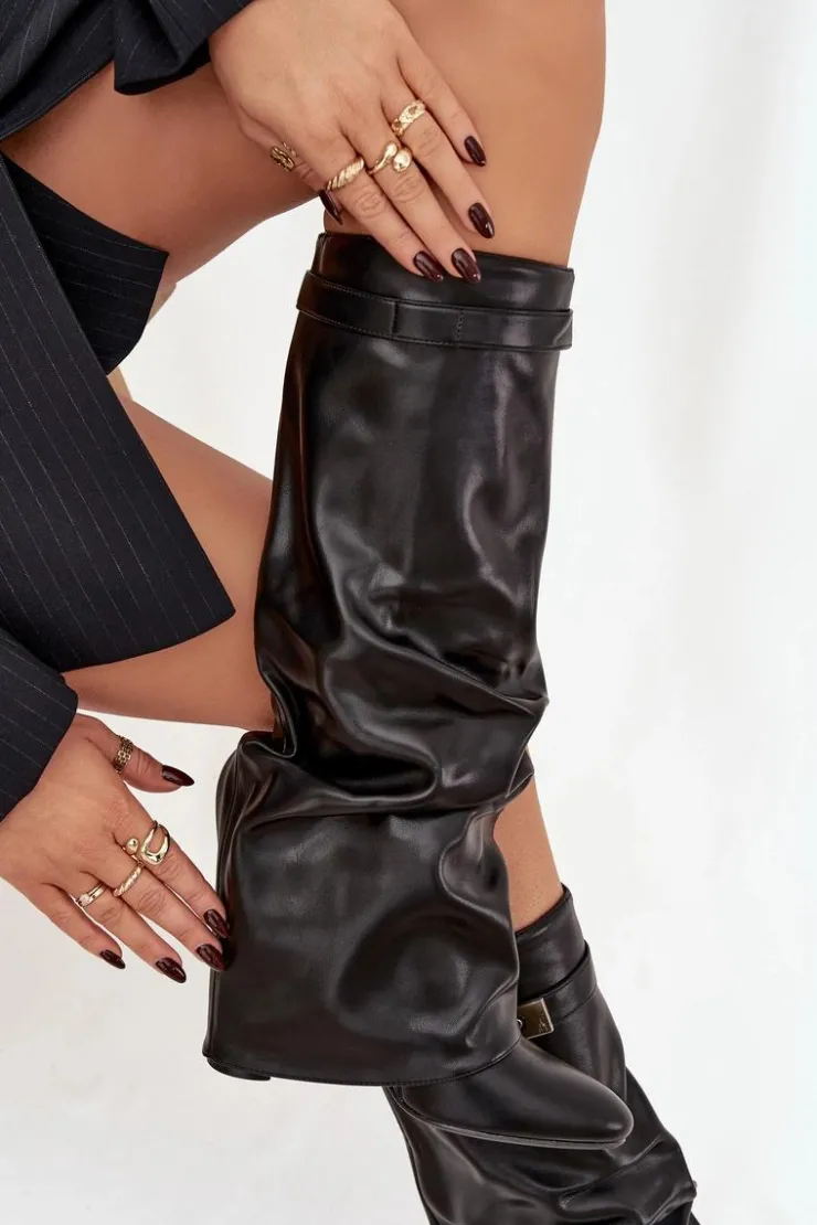 Boto Kozaki Ocieplane|Kozaki Na Słupku*Kozaki Damskie Na Słupku Z Marszczoną Wywiniętą Cholewką Czarne Glorine