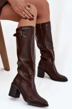 Discount Boto Kozaki Damskie Na Słupku Z Klamrą Czekoladowe Brenira Brązowy