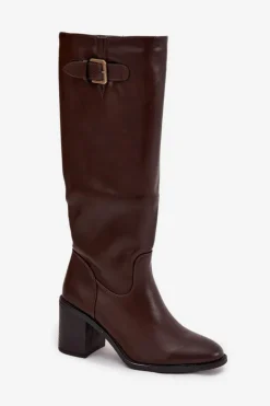 Discount Boto Kozaki Damskie Na Słupku Z Klamrą Czekoladowe Brenira Brązowy