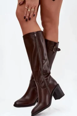Discount Boto Kozaki Damskie Na Słupku Z Klamrą Czekoladowe Brenira Brązowy