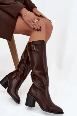 Discount Boto Kozaki Damskie Na Słupku Z Klamrą Czekoladowe Brenira Brązowy