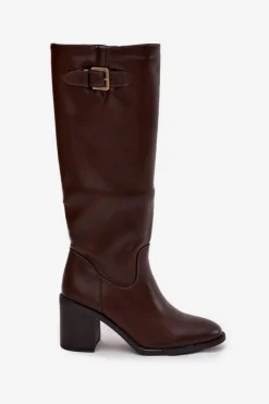 Discount Boto Kozaki Damskie Na Słupku Z Klamrą Czekoladowe Brenira Brązowy