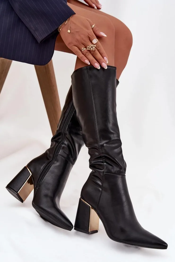 Boto Kozaki Na Słupku|Kozaki Przed Kolano*Kozaki Damskie Na Słupku Ze Złotym Elementem Czarne Alessine