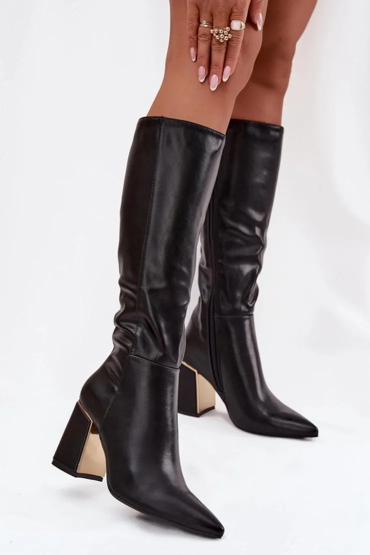 Boto Kozaki Na Słupku|Kozaki Przed Kolano*Kozaki Damskie Na Słupku Ze Złotym Elementem Czarne Alessine