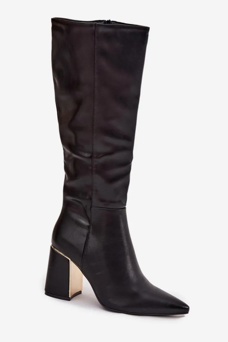 Boto Kozaki Na Słupku|Kozaki Przed Kolano*Kozaki Damskie Na Słupku Ze Złotym Elementem Czarne Alessine