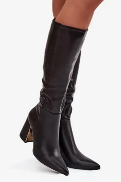 Boto Kozaki Na Słupku|Kozaki Przed Kolano*Kozaki Damskie Na Słupku Ze Złotym Elementem Czarne Alessine