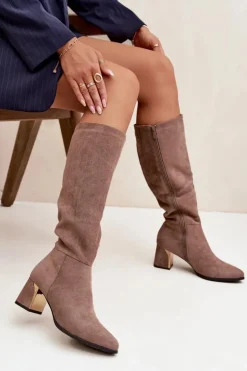 Best Boto Kozaki Damskie Na Słupku Ze Złotym Elementem Beżowe Nivarae Beżowy