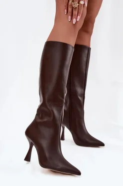 Damskie Boto Kozaki Damskie Na Szpilce Przed Kolano Czekoladowe Vionette