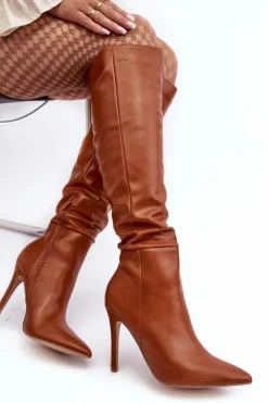 Outlet Boto Kozaki Damskie Na Szpilce Brązowe Sirenpha