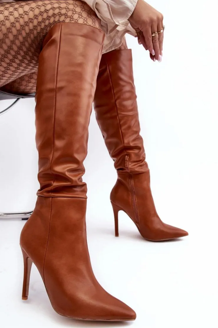 Outlet Boto Kozaki Damskie Na Szpilce Brązowe Sirenpha