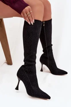 New D&A Kozaki Damskie Na Szpilce Ze Zdobieniem JC52-883 Czarne