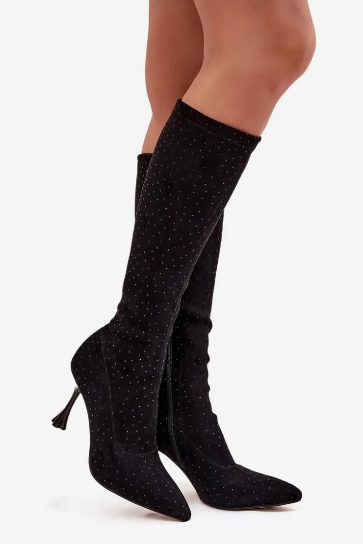 New D&A Kozaki Damskie Na Szpilce Ze Zdobieniem JC52-883 Czarne