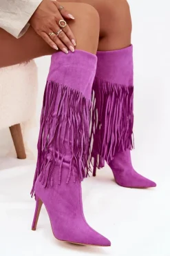 Boto Kozaki Damskie Na Szpilce Z Frędzlami Fioletowe Isalune Fioletowy