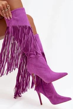 Boto Kozaki Damskie Na Szpilce Z Frędzlami Fioletowe Isalune Fioletowy