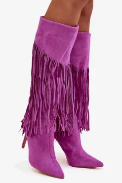 Boto Kozaki Damskie Na Szpilce Z Frędzlami Fioletowe Isalune Fioletowy