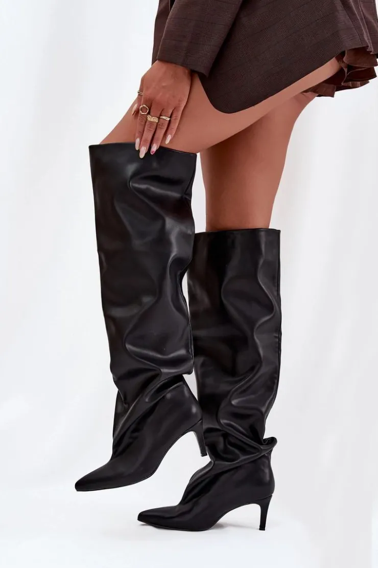 Damskie Boto Kozaki Damskie Na Szpilce Wsuwane Czarne Mavilla