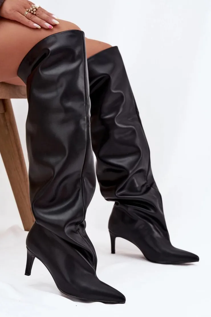 Damskie Boto Kozaki Damskie Na Szpilce Wsuwane Czarne Mavilla