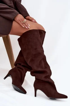 Damskie Boto Kozaki Damskie Na Szpilce Wsuwane Czekoladowe Mavilla