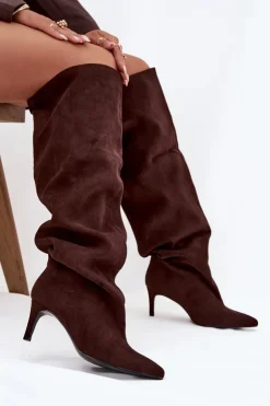Damskie Boto Kozaki Damskie Na Szpilce Wsuwane Czekoladowe Mavilla