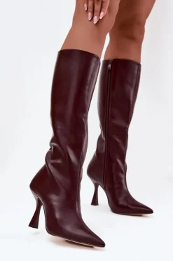 New Boto Kozaki Damskie Na Szpilce Przed Kolano Bordowe Vionette Czerwony