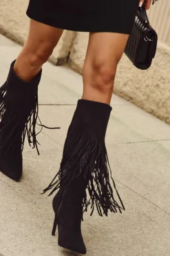 Boto Kozaki Ocieplane|Kozaki Na Szpilce*Kozaki Damskie Na Szpilce Z Frędzlami Czarne Isalune Czarny