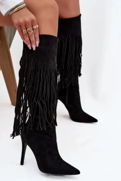 Boto Kozaki Ocieplane|Kozaki Na Szpilce*Kozaki Damskie Na Szpilce Z Frędzlami Czarne Isalune Czarny