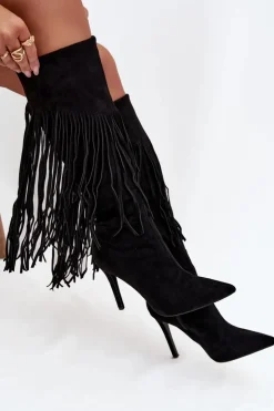 Boto Kozaki Ocieplane|Kozaki Na Szpilce*Kozaki Damskie Na Szpilce Z Frędzlami Czarne Isalune Czarny