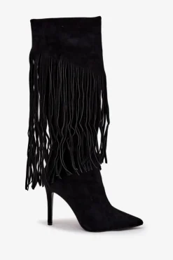 Boto Kozaki Ocieplane|Kozaki Na Szpilce*Kozaki Damskie Na Szpilce Z Frędzlami Czarne Isalune Czarny