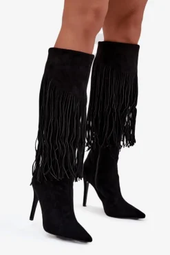 Boto Kozaki Ocieplane|Kozaki Na Szpilce*Kozaki Damskie Na Szpilce Z Frędzlami Czarne Isalune Czarny