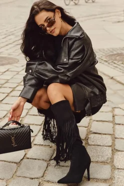 Boto Kozaki Ocieplane|Kozaki Na Szpilce*Kozaki Damskie Na Szpilce Z Frędzlami Czarne Isalune Czarny