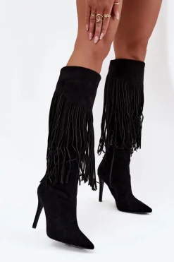 Boto Kozaki Ocieplane|Kozaki Na Szpilce*Kozaki Damskie Na Szpilce Z Frędzlami Czarne Isalune Czarny