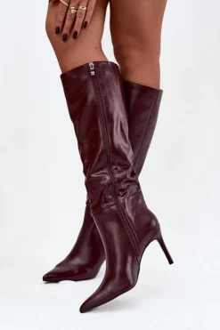 Damskie Boto Kozaki Damskie Na Szpilce Z Paskiem Bordowe Lisanne